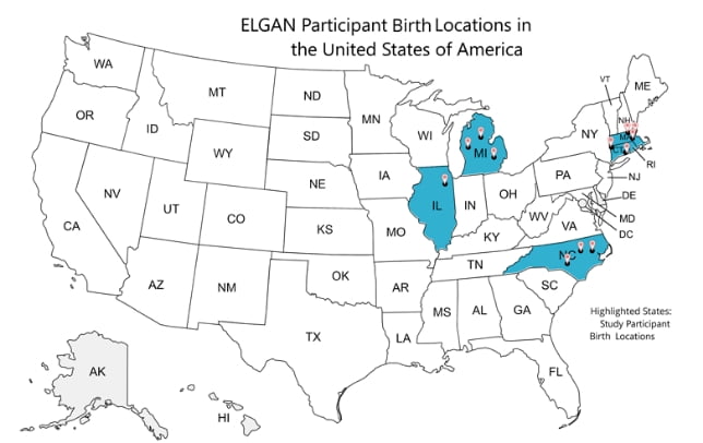 Map with states of birth locations highlighted.  States are Michigan, Illinois, North Carolina, Massachusets and Connecticut. 